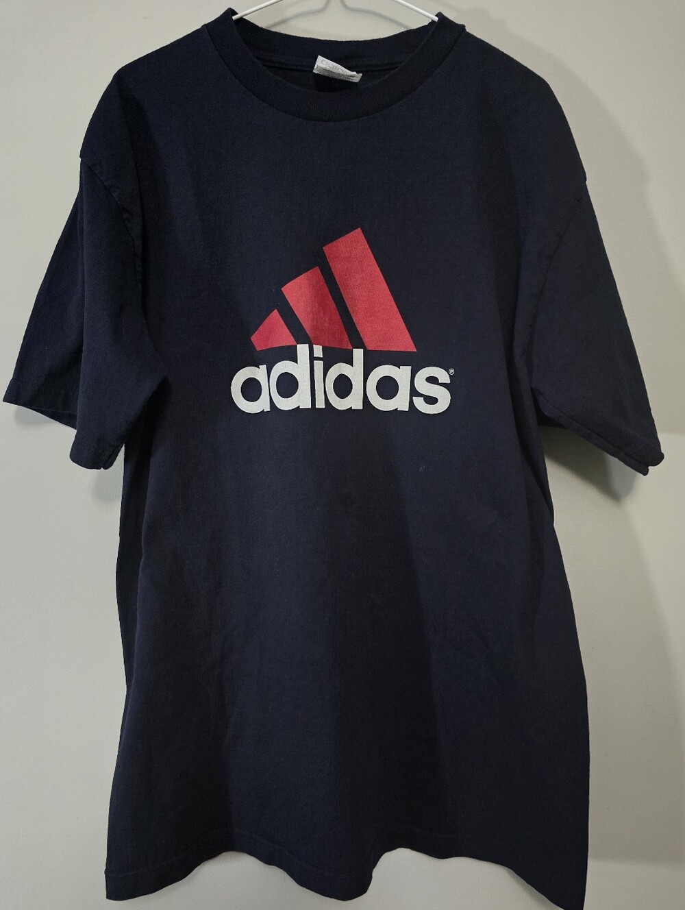 Vintage Adidas Navy Tee with Red Logo Size Large